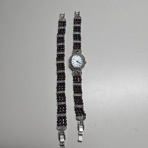 Vtg Silver‎ Tone Marcasite W/ Garnet Beads  Watch & Bracelet Set